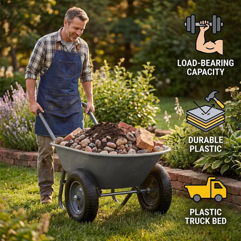 Man using Heavy Duty Garden Wheelbarrow Cart With Dual Wheels And Built In Stand For Easy Hauling Of Tools Soil Mulch And Yard Essentials