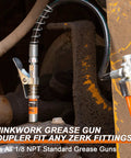 Thinkwork grease gun coupler with 90-degree adaptor on orange grease gun; 12,000 PSI quick-release, 1/8" NPT.