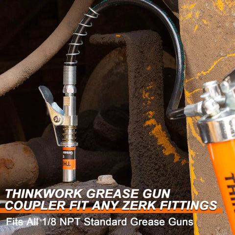 One Hand Ready Ultra Compact Locking Grease Gun Coupler With Twelve Inch Flex Hose Twelve Thousand PSI Quick Release One Eighth Inch NPT Fitting Fits All Grease Guns Cleaning Tool Included Built Tough For Tight Spaces on machinery
