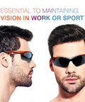 Polarized Safety Glasses For Work And Outdoors With Dark Smoke Lenses on model, side and front view, ANSI Z87.1 rated