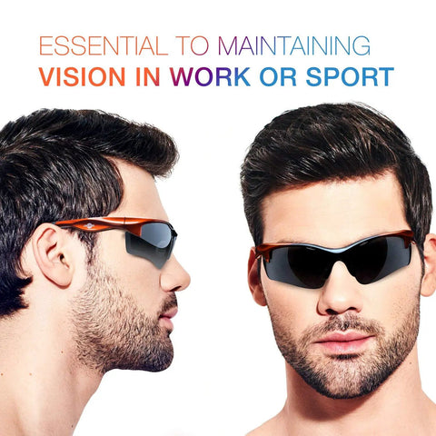 Polarized Safety Glasses For Work And Outdoors With Dark Smoke Lenses on model, side and front view, ANSI Z87.1 rated