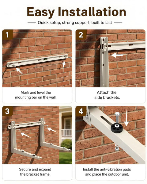 Installation steps for Heavy Duty Mini Split Wall Mount Bracket For Outdoor Units, 550 lb load capacity with anti-vibration pads