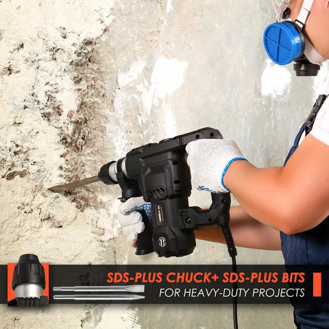 Worker using Heavy Duty 1 1/4 Inch SDS Plus Rotary Hammer Drill With 13 Amp Motor on concrete wall, includes SDS-Plus bits