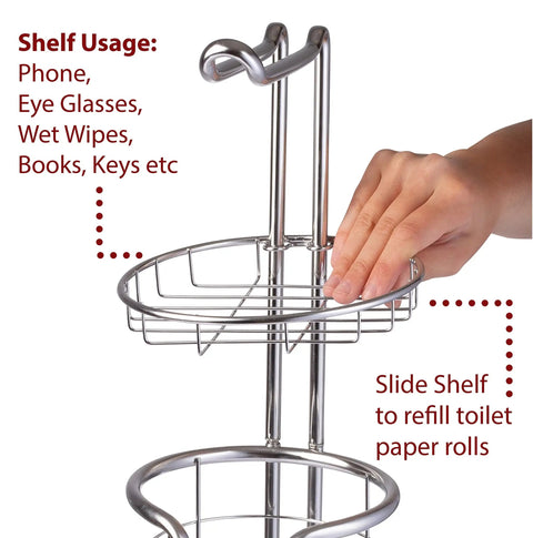 Freestanding Toilet Paper Roll Holder Stand Dispenser With Built In Storage Shelf being assembled, showing hand on shelf, stainless steel