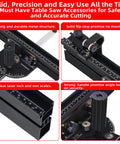 GOINGMAKE compact table saw miter gauge with 360mm fence, multifunction flip stop and positive angle stops