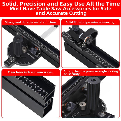 GOINGMAKE compact table saw miter gauge with 360mm fence, multifunction flip stop and positive angle stops