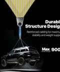 Heavy Duty 20 by 24 Beige Sun Shade Sail With Super Ring Hardware UPF50 Plus UV Block lifting a car to demonstrate durability.