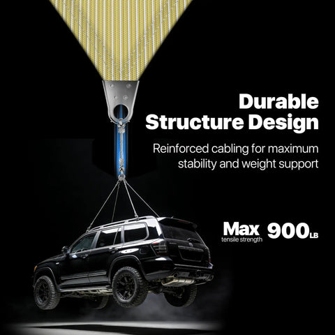 Heavy Duty 20 by 24 Beige Sun Shade Sail With Super Ring Hardware UPF50 Plus UV Block lifting a car to demonstrate durability.