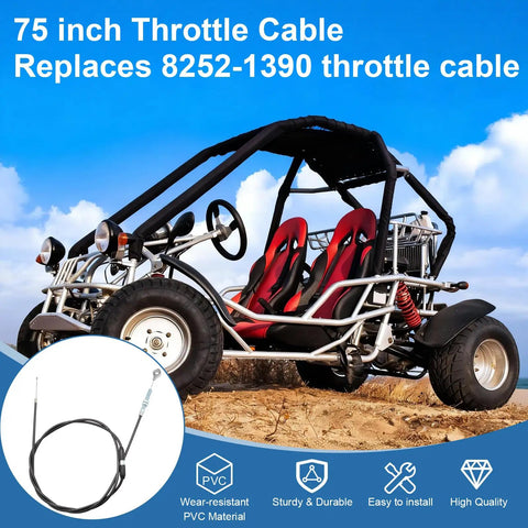 75 Inch Heavy Duty Universal Throttle Cable Kit for Predator 212cc 196cc GX160 GX200 VM22 VM24 shown with go-kart on sandy terrain