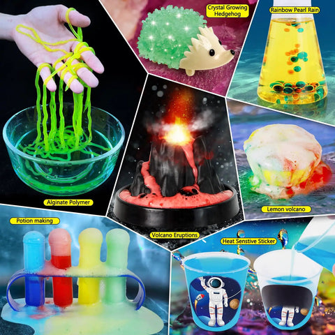 310 Experiments Science Kit For Kids Chemistry Set STEM Toys With Fully Illustrated Color Manual Hands On At Home Science Lab For Curious Minds Awesome Gift Idea For Boys And Girls collage of experiments