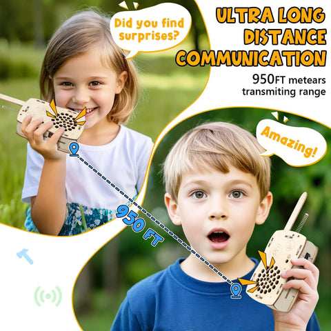 Kids using Rad Do It Yourself Science Kit Walkie Talkies For Kids Aged 8 To 12 Educational STEM Toy outdoors, showing 950-ft range.