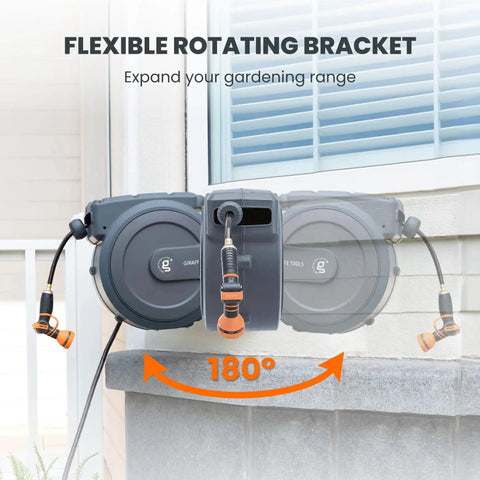 Retractable Wall Mounted Garden Hose Reel Half Inch By One Hundred Feet With Auto Rewind And Lock At Any Length In Dark Gray