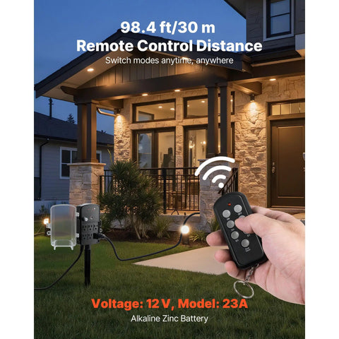 Heavy-Duty Outdoor Power Stake with Smart Timer Acts As a Power Party Starter Transforming One Dead Outlet Into Six Connected Hubs, 50 ft Weatherproof Extension Cord with Remote Control and Dusk to Dawn Auto Switch for Christmas Lights Patio, showing remote control operation.