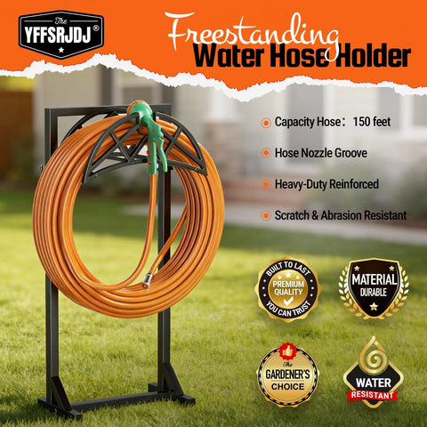 Beefy Heavy Duty Metal Hose Holder With Freestanding Stand And Stable Triangular Base No Wobble Includes 2 Tool Hooks