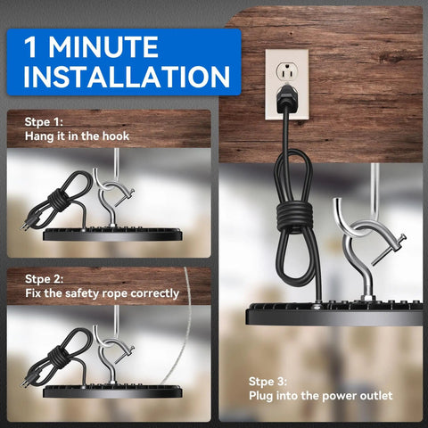 4 Pack LED Hella Bright High Bay Lights 250W 35000 Lumens 5000K Daylight ETL Listed With 5 Foot Cable US Hook IP65 installation guide