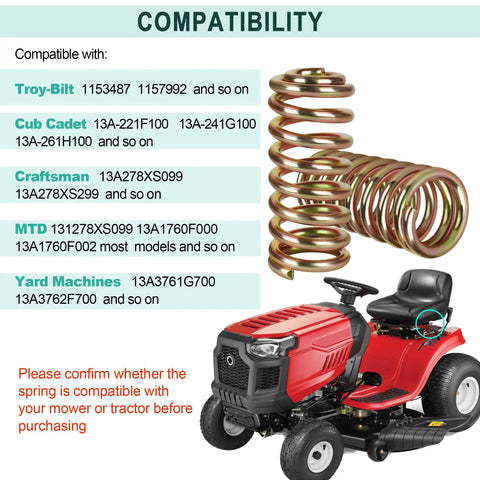 4Pcs Lawn Mower Seat Suspension Spring Replacement Kit For Riding Mowers And Zero Turn Machines Fits MTD Troy Bilt Cub Cadet Craftsman Columbia And More Cushioned Seat Springs For A Smoother Ride And Easy Install. Image showing two seat springs next to a red riding mower, alongside compatibility list.