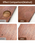 Before and after comparison of 32oz Walnut Wood Filler Putty Repair Kit for paintable furniture fix up dents, cracks, holes, and defects.