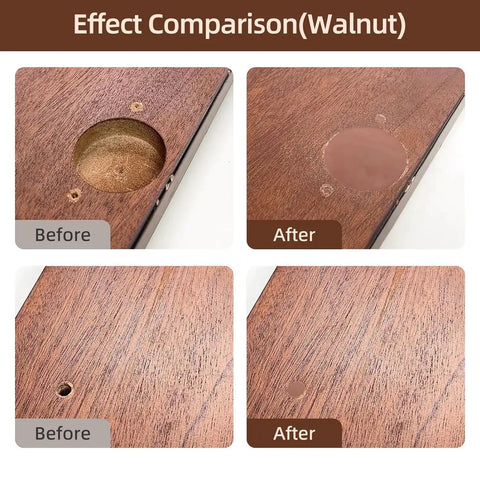 Before and after comparison of 32oz Walnut Wood Filler Putty Repair Kit for paintable furniture fix up dents, cracks, holes, and defects.
