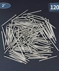 Zero Drama 120 Pack Of 2 Inch Nickel Plated Rust Proof Carbon Steel Hardware Nails on a dark background.