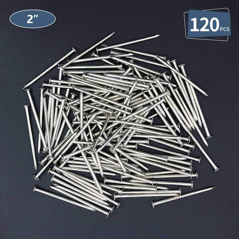 Zero Drama 120 Pack Of 2 Inch Nickel Plated Rust Proof Carbon Steel Hardware Nails on a dark background.