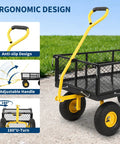 900 Lbs Heavy Duty Steel Garden Cart with 180 Degree Rotating Handle and Mesh Sides on wheels, ergonomic design features highlighted.