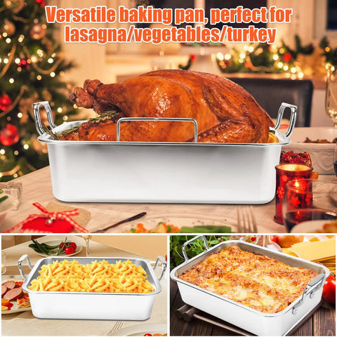 Nonstick 15 Inch Stainless Steel Roasting Pan With V Rack And Cooling Rack showcasing roasted turkey and lasagna
