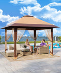 13x13 Pop Up Gazebo With Mosquito Netting, Double Roof Design And Adjustable Height For No-Fuss Setup by a poolside