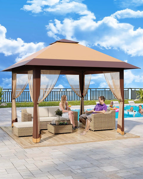 13x13 Pop Up Gazebo With Mosquito Netting, Double Roof Design And Adjustable Height For No-Fuss Setup by a poolside