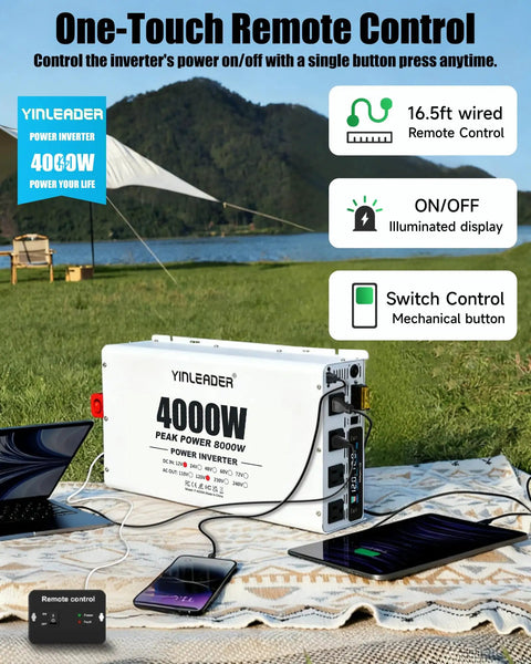 Rig Ready 4000W Power Inverter Turns 12V Battery Voltage Into 110V Household Power With Wireless Remote For Campers And Off Grid Solar Setups Plug And Play No Sweat Startup with remote and devices.