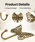 Solid Brass Butterfly Wall Hooks With 33 Lb Capacity, Vintage Gold Finish, Handcrafted Heavy Duty Coat And Backpack Hangers For Kids Room, Entryway, Kitchen, Mudroom, Pack Of 3, showing intricate butterfly design and hook detail.