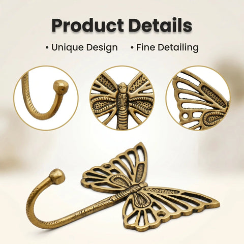 Solid Brass Butterfly Wall Hooks With 33 Lb Capacity, Vintage Gold Finish, Handcrafted Heavy Duty Coat And Backpack Hangers For Kids Room, Entryway, Kitchen, Mudroom, Pack Of 3, showing intricate butterfly design and hook detail.