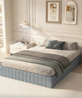 Queen Box Spring With Upholstered Fabric Cover High Profile Heavy Duty Metal Frame Foam Padded Edges in stylish bedroom setup.