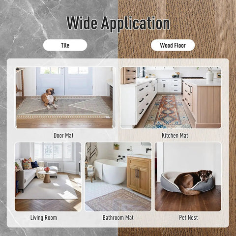 Image showing applications of anti slip rug grippers for vinyl floors and tile in various rooms.