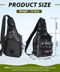 Large Capacity Fishing Backpack 8x5.5x11 inch, 3 carrying options, waterproof 900D Oxford, Pythonskin Black, fishing background.