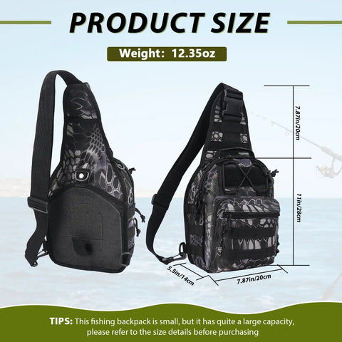 Large Capacity Fishing Backpack 8x5.5x11 inch, 3 carrying options, waterproof 900D Oxford, Pythonskin Black, fishing background.