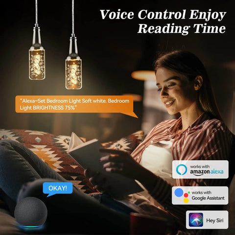 Woman reading under Beer Bottle Shaped RGB Dimmable LED Pendant Light With Smart App Timer And Schedule, Alexa Compatible