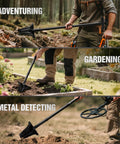 Man using 46 Inch Metal Detecting Shovel With Double Serrated Blade For Relic Hunting Gold Prospecting Landscaping And Garden Work