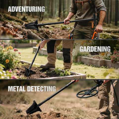 Man using 46 Inch Metal Detecting Shovel With Double Serrated Blade For Relic Hunting Gold Prospecting Landscaping And Garden Work