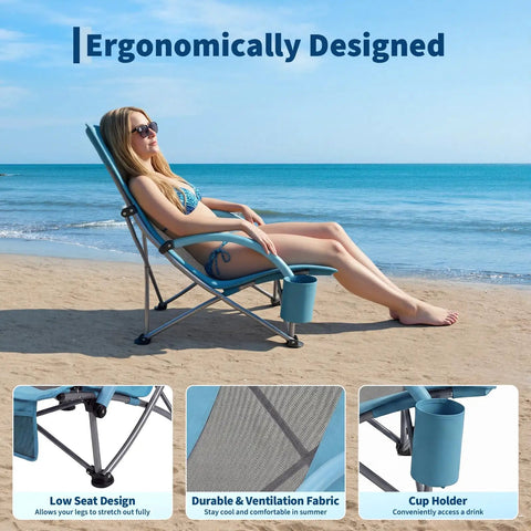 Two Pack Folding Beach Chairs For Adults With Cup Holder, Storage Pocket And Carry Bag, Lightweight Extra Wide Seats on beach