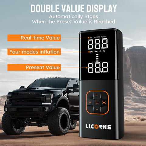 Portable Tire Inflator Air Compressor, 5X Faster Cordless Pump With 180 PSI, Built-In Rechargeable Battery, shown with truck