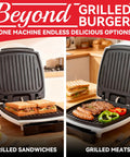SugarWhisk 1200 Watt Electric Indoor Hamburger Grill Press With Nonstick Plates Panini Maker showing grilled sandwiches and meats.