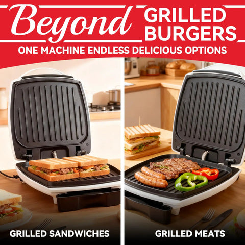 SugarWhisk 1200 Watt Electric Indoor Hamburger Grill Press With Nonstick Plates Panini Maker showing grilled sandwiches and meats.