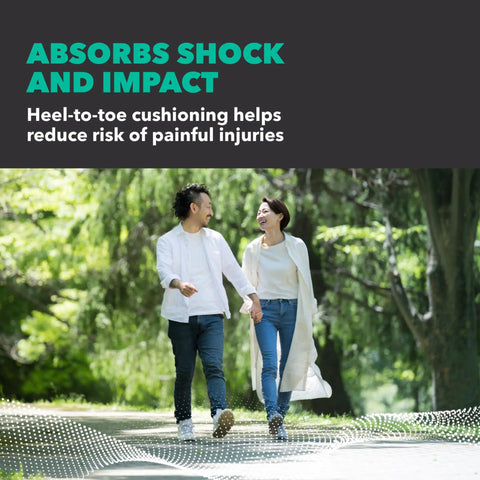 Couple walking comfortably, wearing Custom Moldable Arch Support Inserts For All Day Comfy Wear With Lightweight Orthotic Design.