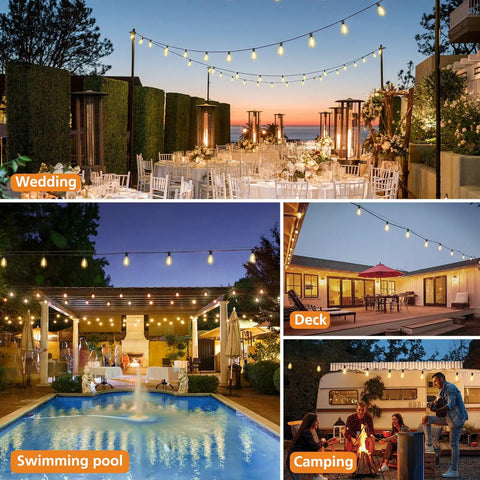 Remote Dimmable Outdoor String Lights, 50ft Run With 25+1 ST38 Edison Bulbs, 3 Color Modes 2700K 4000K 5000K, for diverse settings