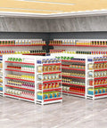 Top Shelf Double Sided Gondola Shelving Display Featuring Adjustable Four Tier Store Shelves For Retail Grocery And Liquor Center Island with products.