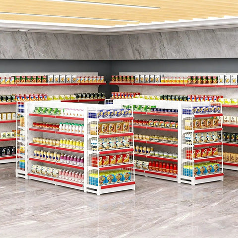 Top Shelf Double Sided Gondola Shelving Display Featuring Adjustable Four Tier Store Shelves For Retail Grocery And Liquor Center Island with products.