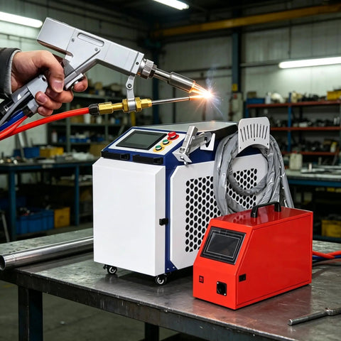Portable Handheld Welder Machine Featuring Slick Digital Control Panel, professional welding gun in action, workshop setting.