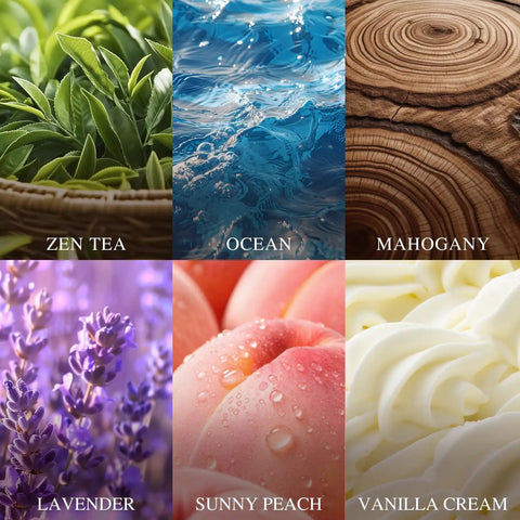 Fresh Ride Vibes Long Lasting Car Air Freshener Hanging Essential Oil Diffuser 6 Pack Wood Cap Scent Strips showing fragrance images.