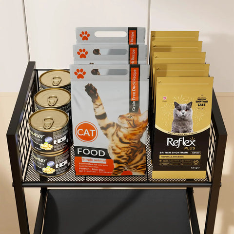 Cat food display on Four In One Cat Furniture Stand With Scratching Post Dual Feeding Bowls Cozy Bed Platform And Built In Storage Organizer For Small Spaces Matte Black Cat Tower That Dope Setup Adds Serious Space Savings And Cat Happiness.
