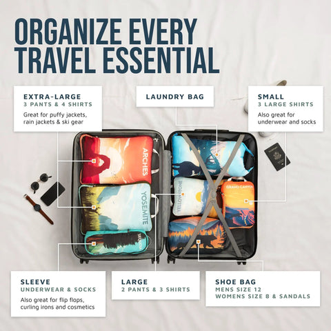 Open suitcase with Slick Ultra Lightweight Compression Packing Cubes 7 Piece Set For Travel Luggage Organizers and accessories.